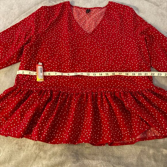 shein curve red polka white dot vneck long sleeve peplum flowy blouse lady bug - Picture 5 of 7
